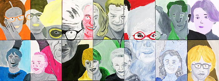 Puzzelschilderij familie bestaande uit 14 portretten